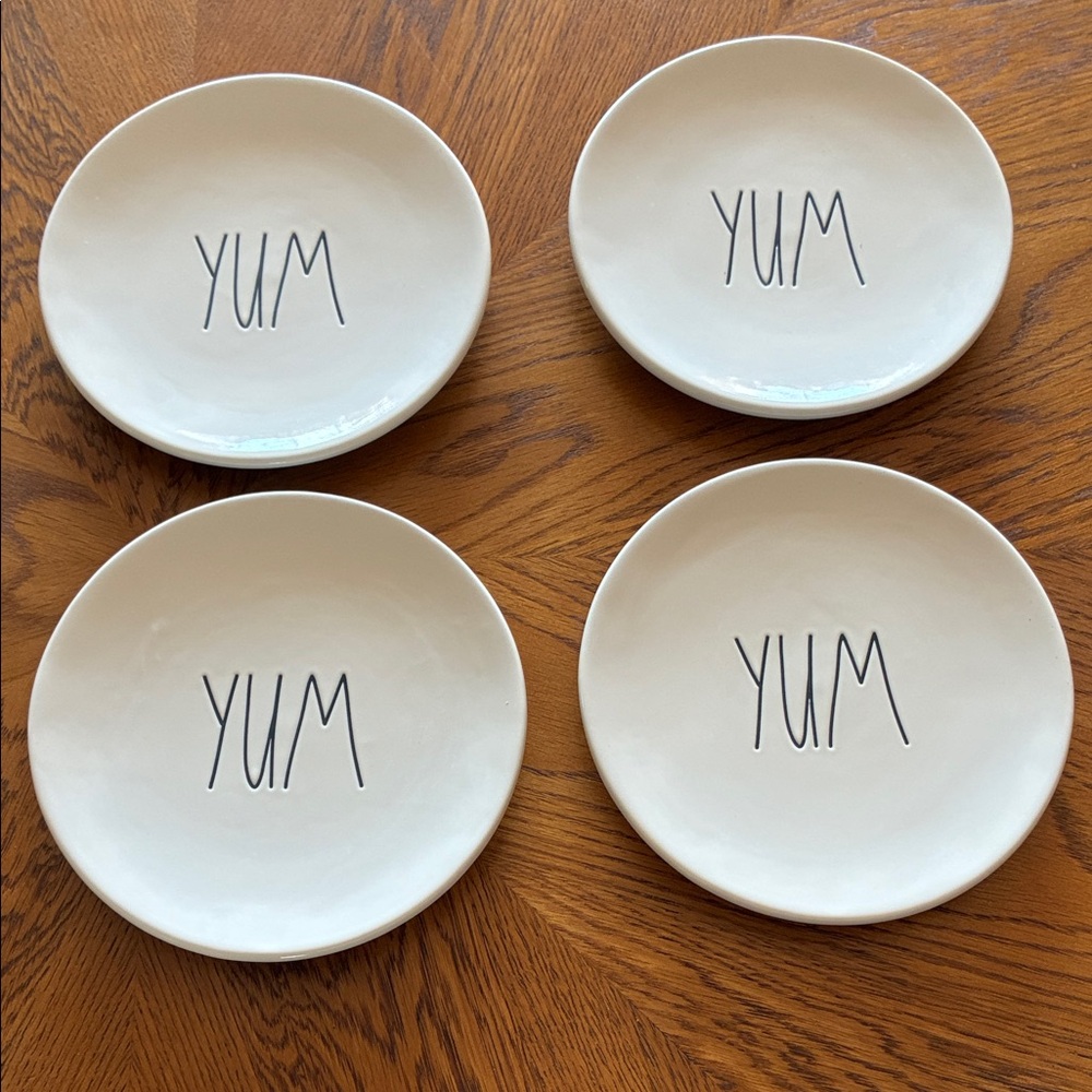 Rae Dunn White Dessert Plates with Black "YUM" Lettering - Set of 4